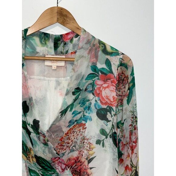 Rococo Sand Floral Sheer Wrap Tie Waist & High-Low Hem Women's Blouse Size M - Picture 6 of 11
